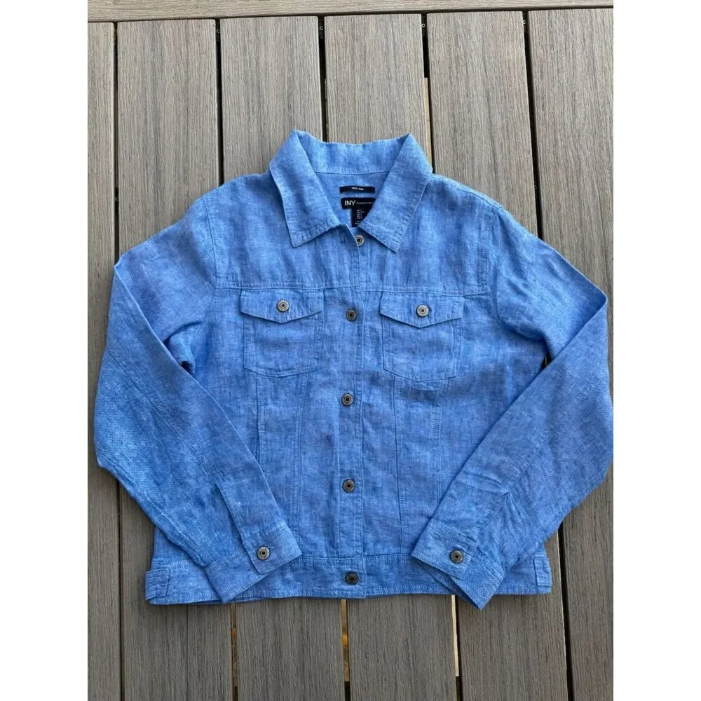 Jones New York Linen Jacket L Blue Jean Style Button Front Coastal Resort - Picture 9 of 15